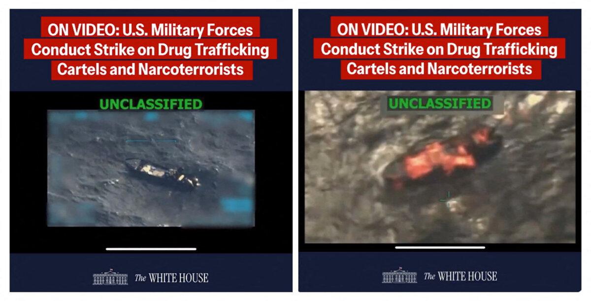 Two screen captures depicting a U.S. military strike on a Venezuelan drug cartel vessel that had been on its way to the United States, the second such strike carried out against a suspected drug boat in recent weeks. (The White House/Handout via Reuters)
