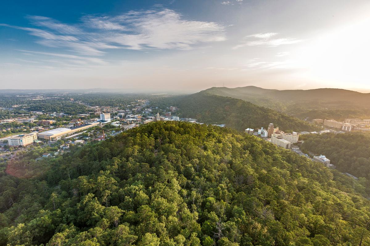 The view from Mountain Tower offers a 140-mile panorama of Hot Springs, the Ouachita Mountains, and the Diamond Lake region. (Courtesy of Visit Hot Springs)