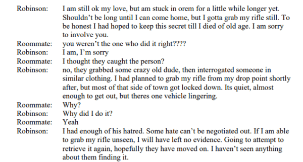 A text message exchange between Tyler Robinson and his roommate and romantic partner, according to authorities, from Sept. 10, 2025. (Utah County Attorney's Office via The Epoch Times)