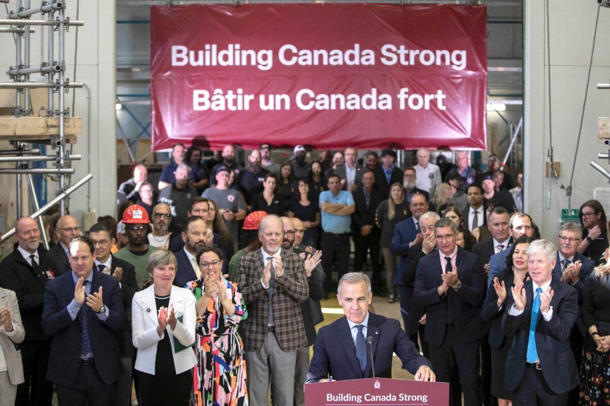 Prime Minister Mark Carney announces five major projects in Edmonton on Sept. 11, 2025. (The Canadian Press/Amber Bracken)
