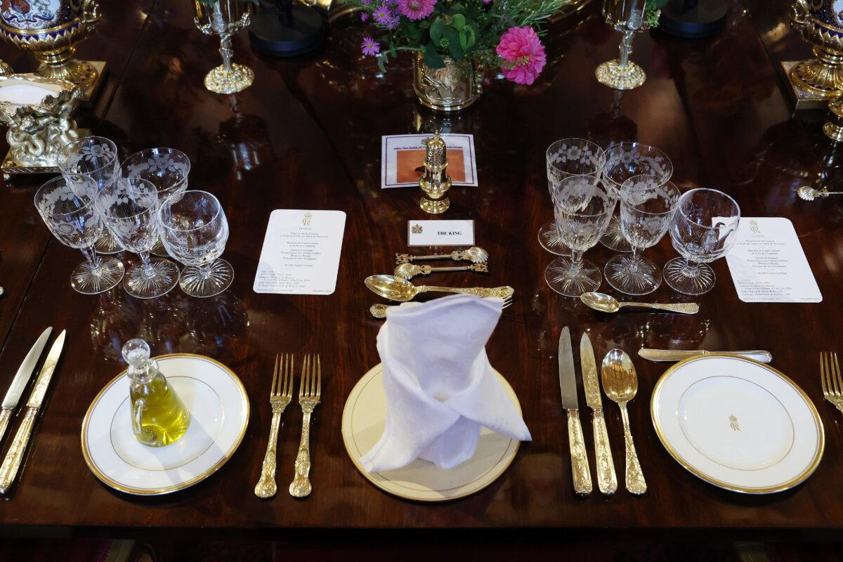 The table setting King Charles III is seen ahead of a state banquet for U.S. President Donald Trump in St George's Hall at Windsor Castle in Windsor, England, on Sept. 17, 2025. (Anna Moneymaker/Getty Images)