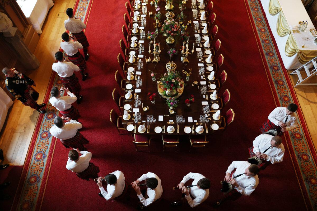 Members of the 1st Battalion The Scots Guards practice before a state banquet for the state visit by U.S. President Donald Trump in St George's Hall at Windsor Castle in Windsor, England, on Sept. 17, 2025. (Anna Moneymaker/Getty Images)