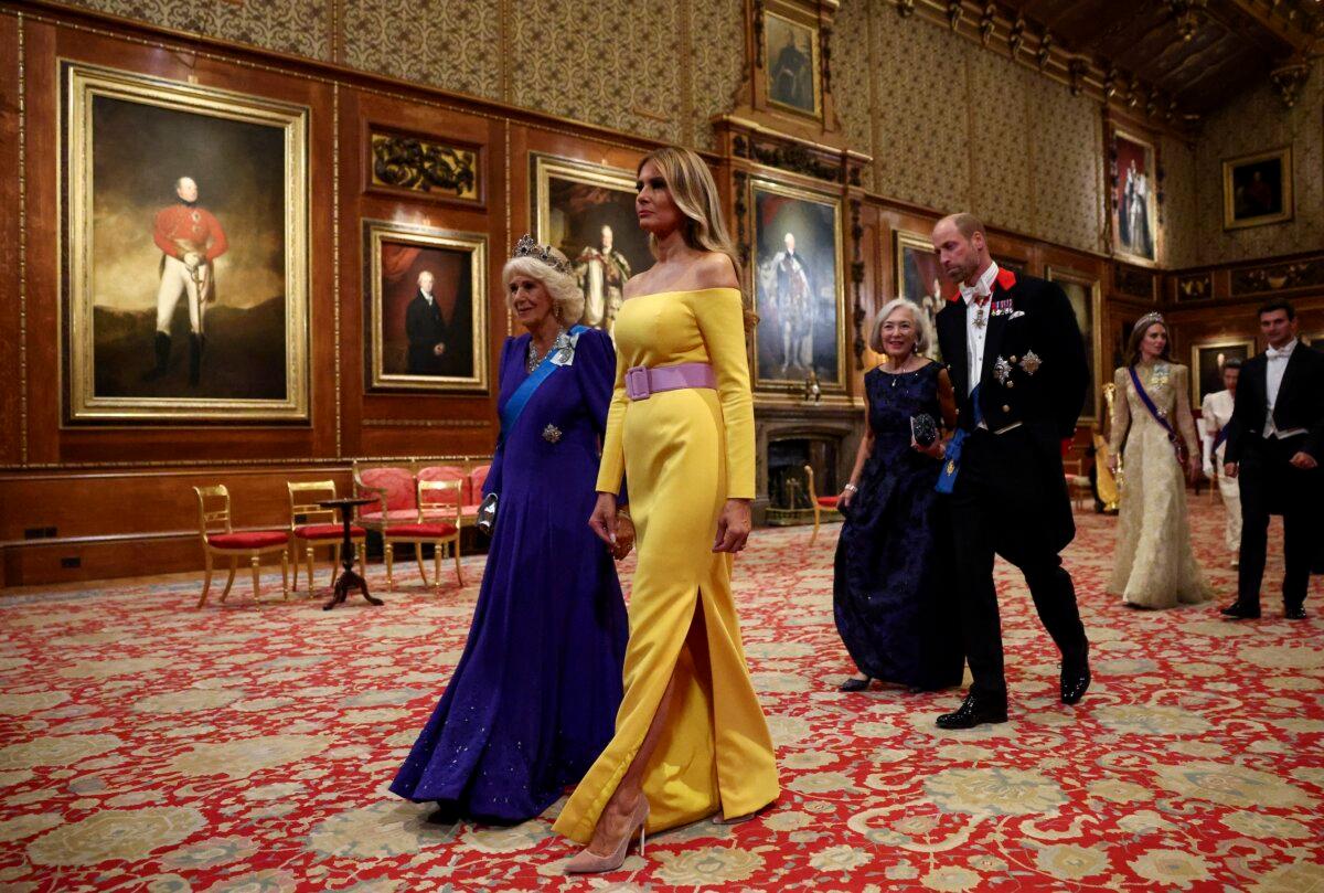 Britain's Queen Camilla (L) and U.S. First Lady Melania Trump arrive to attend a State Banquet during the U.S. president's second State Visit, at Windsor Castle, in Windsor, on Sept. 17, 2025. (Kevin Lamarque/POOL/AFP via Getty Images)