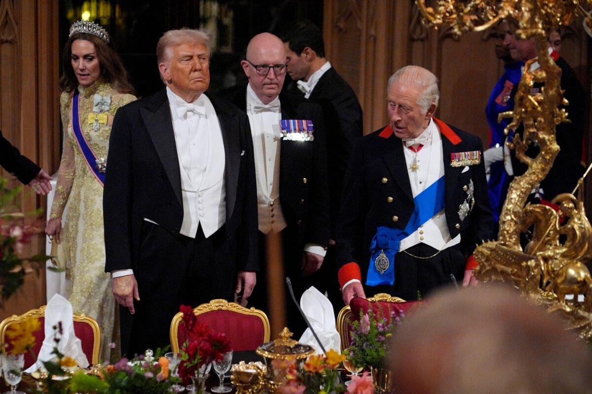 U.S. President Donald Trump and Britain's King Charles III attend a State Banquet at Windsor Castle during the U.S. president's second State Visit, in Windsor, on Sept. 17, 2025. (Yui Mok/POOL/AFP via Getty Images)