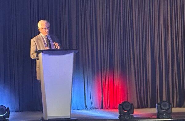 Michael Binnion, president of Questerre Energy, speaks at the 2025 Reclaiming Conference organized by We Unify in Calgary on Sept. 19, 2025. (Omid Ghoreishi/The Epoch Times)