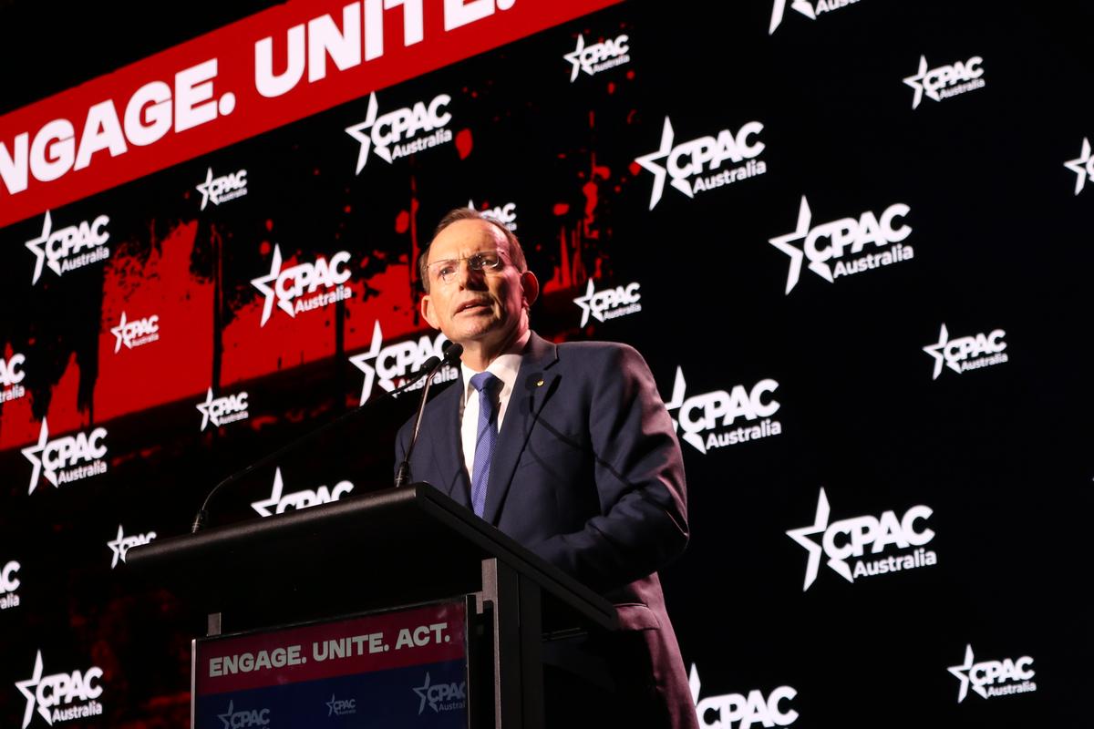 Former Australian Prime Minister Tony Abbott speaking at the CPAC Australia conference in Brisbane, Australia on Sept. 20, 2025. (Melanie Sun/The Epoch Times)
