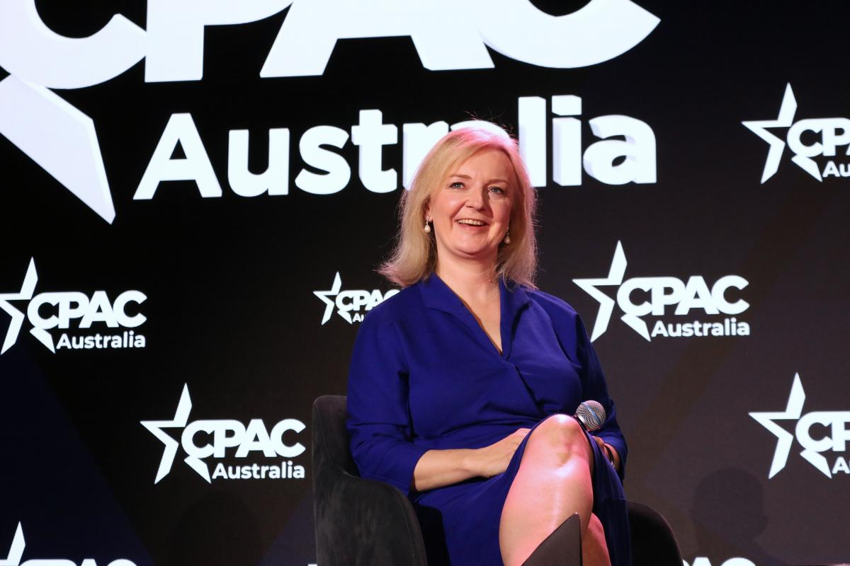 Former UK Prime Minister Liz Truss speaking at the CPAC Australia conference in Brisbane, Australia, on Sept. 20, 2025. (Melanie Sun/The Epoch Times)