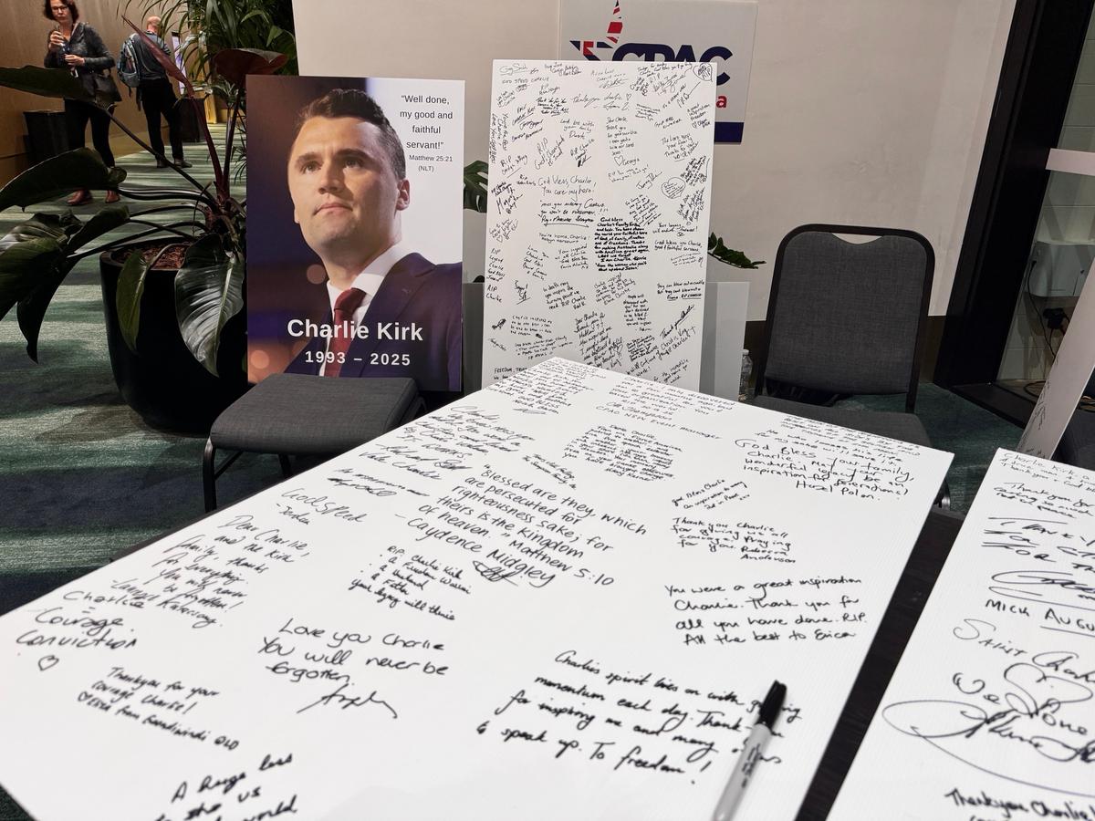 A Charlie Kirk memorial at the CPAC Australia conference in Brisbane, Australia, on Sept. 20, 2025. (Daniel Y. Teng/The Epoch Times)