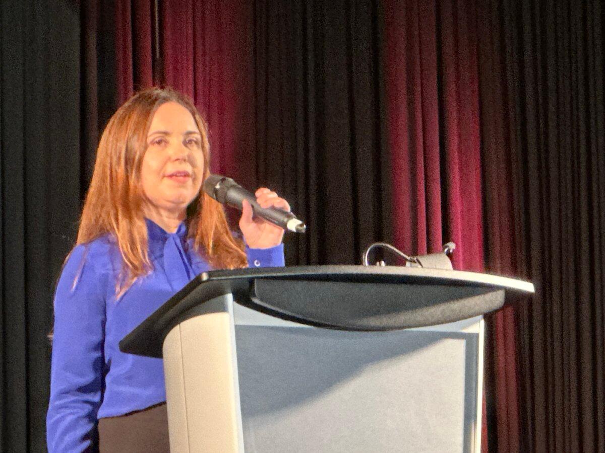 Mia Hughes speaks at the 2025 Reclaiming Conference organized by We Unify in Calgary on Sept. 20, 2025. (Omid Ghoreishi/The Epoch Times)