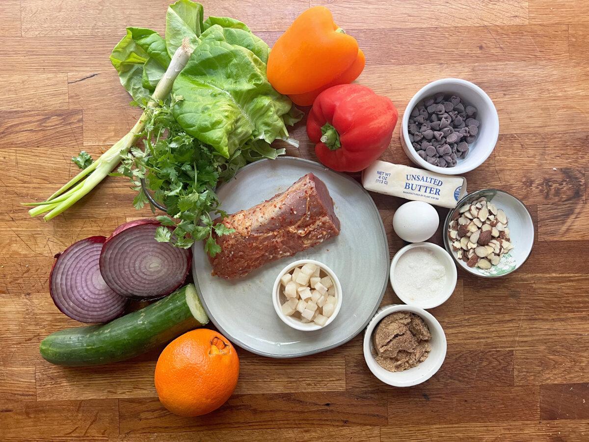 This budget dinner for two includes Asian cucumber and pepper salad, pork tenderloin lettuce wraps, and chocolate chip "emergency" cookies. (Gretchen McKay/Pittsburgh Post-Gazette/TNS)