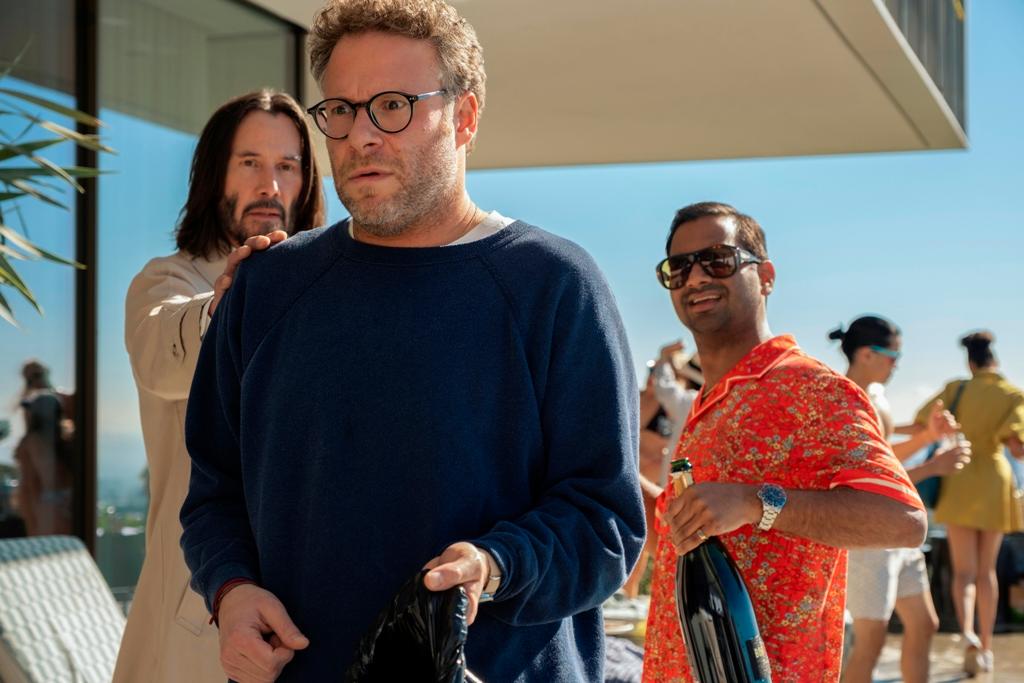 (L–R) Gabriel (Keanu Reeves), Jeff (Seth Rogen), and Arj (Aziz Ansari), in "Good Fortune." (Eddy Chen/Lionsgate)