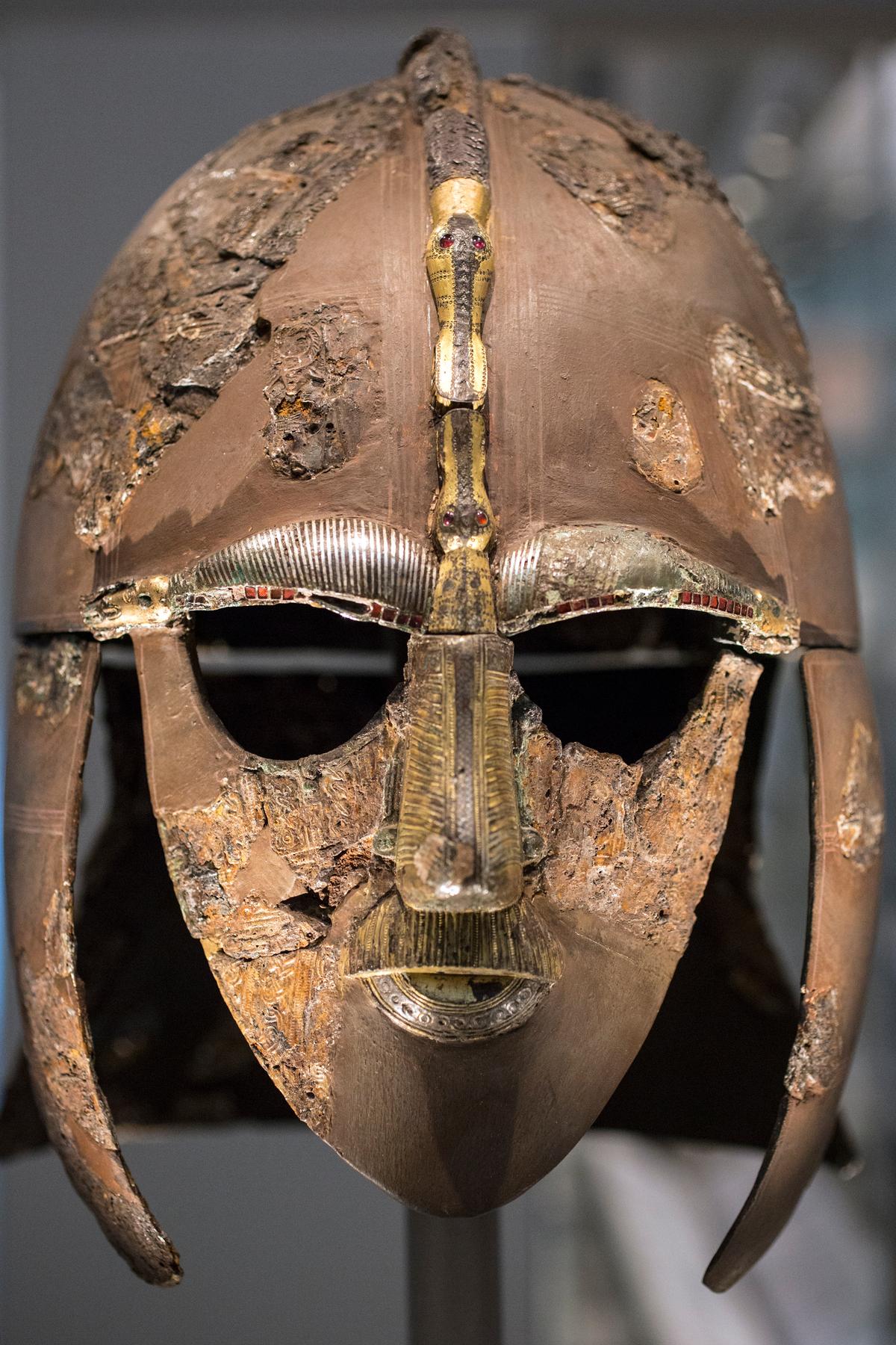 The reconstructed Sutton Hoo helmet at the British Museum, London. (Oli Scarff/Getty Images)