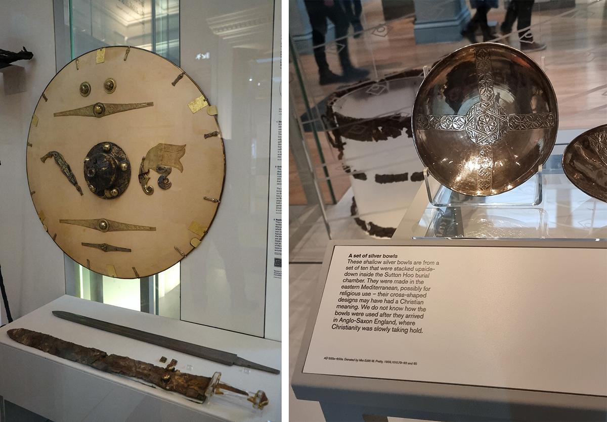 (L) The reconstructed Sutton Hoo shield is made with a metal rim and gilded copper alloy, gold and garnet fittings. (R) Silver bowls, with a cross-shaped design, were also found in the Sutton-Hoo excavations and are thought to be used for religious purposes. (Ludovic Marin/Getty Images)/ (David Winn-Morgan/Shutterstock)