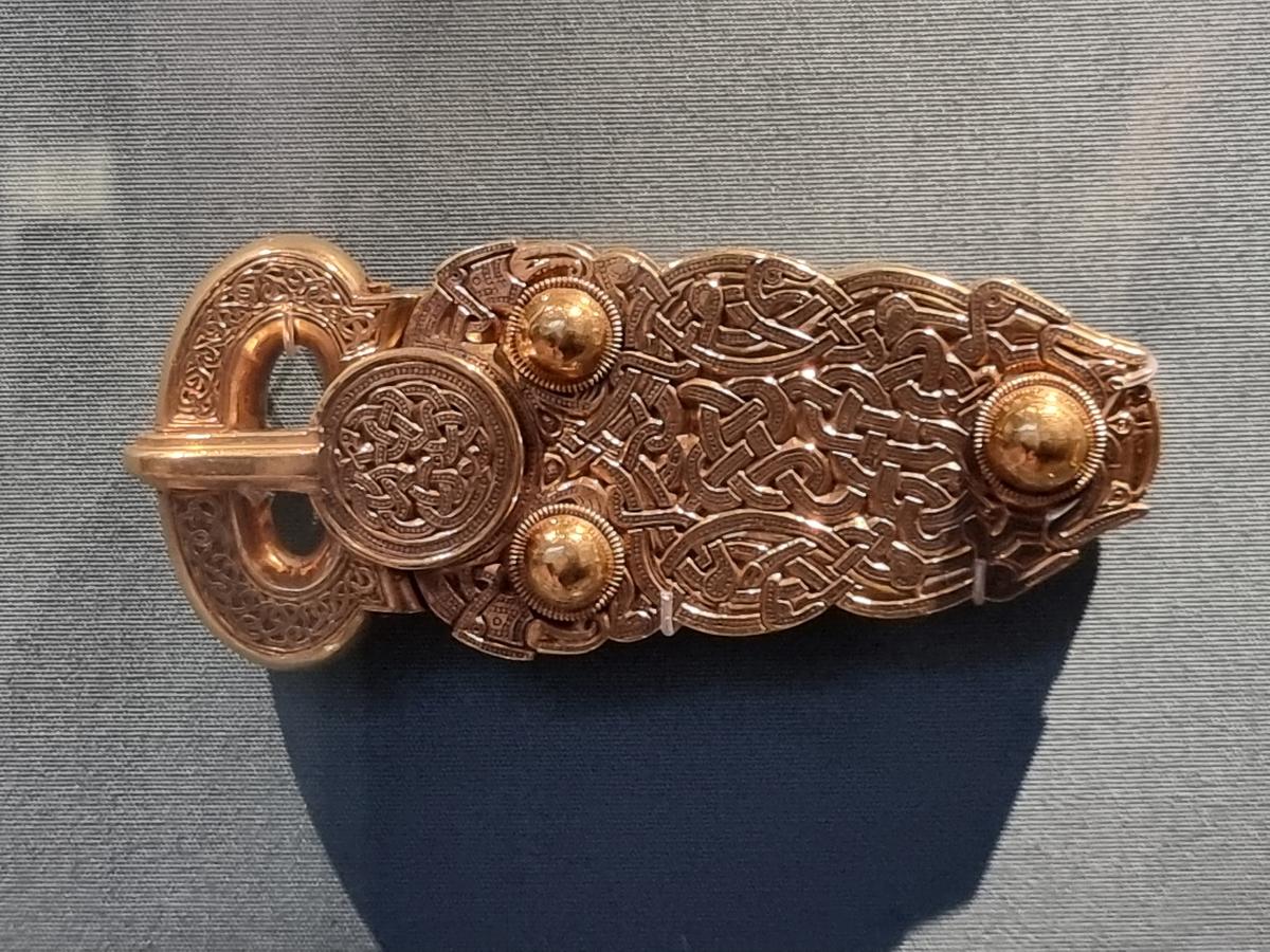 Gold belt buckle that was found in the Sutton Hoo burial site. (David Winn-Morgan/Shutterstock)