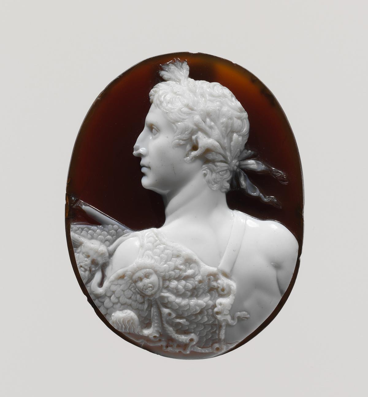 Sardonyx cameo portrait of the Emperor Augustus, circa A.D. 41–54. Sardonyx; 1 7/16 inches by 1 1/8 inches by 5/16 inches. The Metropolitan Museum of Art, New York City. (Public Domain)