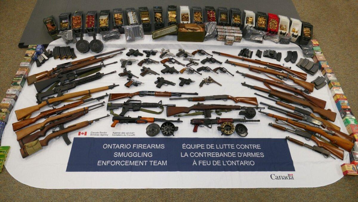 Firearms and firearm parts seized by the Canada Border Services Agency in Windsor, Ont., on July 17, 2025. (CBSA handout)