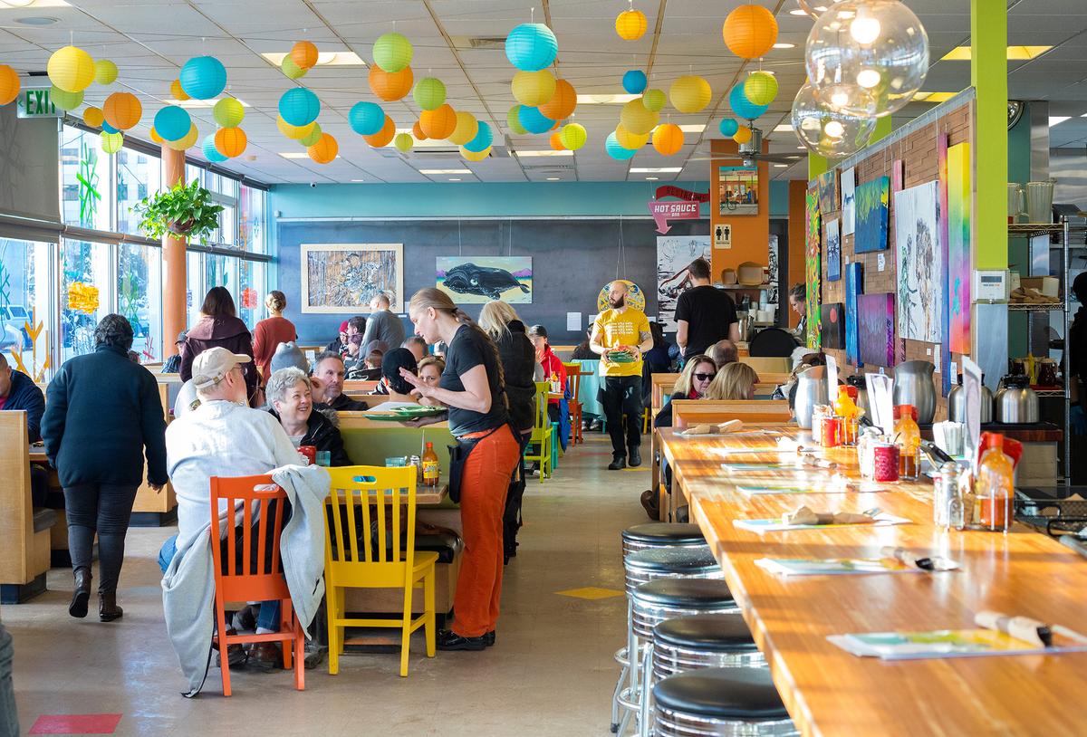 Snow City Cafe is a popular breakfast and brunch spot in downtown Anchorage. Menu favorites include stuffed French toast and reindeer sausage. (Jay Juno/Shutterstock)