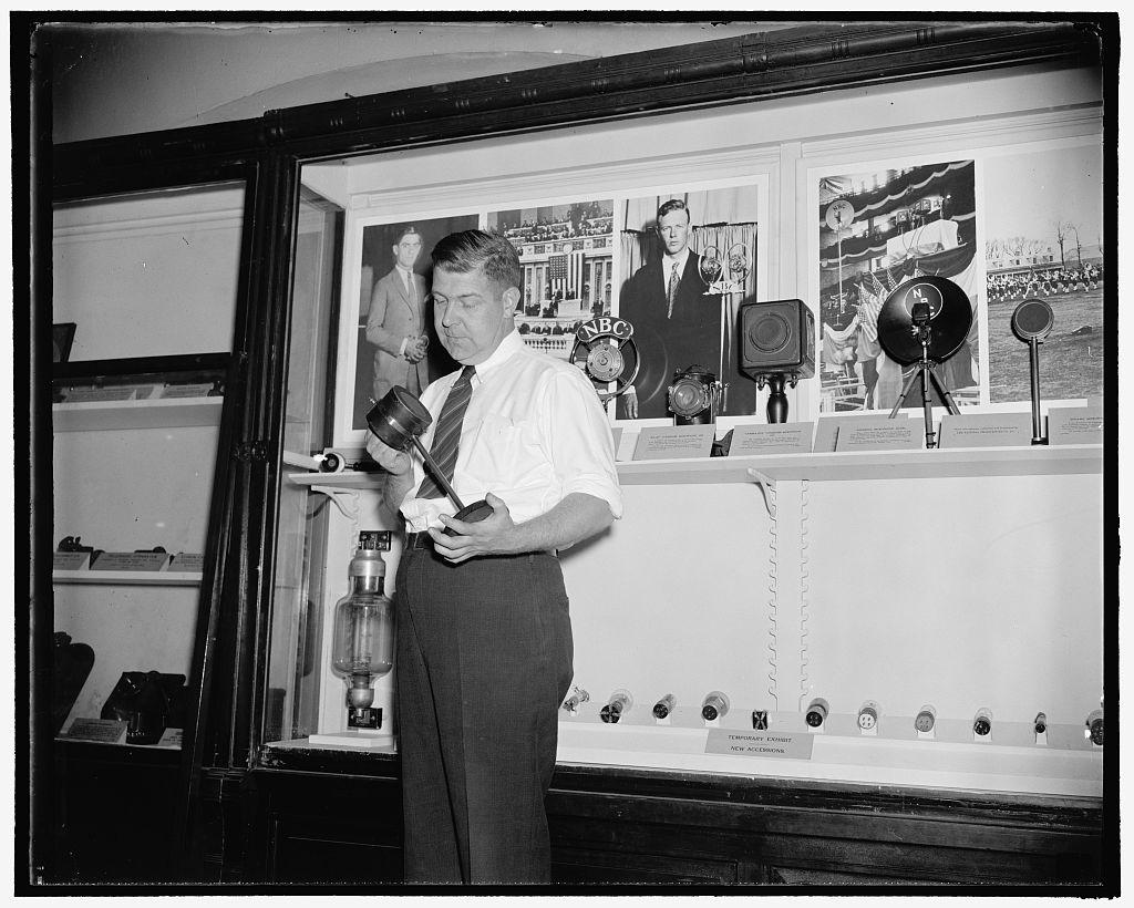 "Tomato Can" radio microphone presented to Smithsonian Institution on Oct. 28, 1938. The "Tomato Can" radio microphone was used to broadcast the Harding-Cox election returns on Nov. 2, 1920. The "Tomato Can" is the actual instrument used in the broadcast from station KDKA, Pittsburgh, which is generally considered the first announced broadcast and the world's beginning of broadcasting. Library of Congress. (Public Domain)