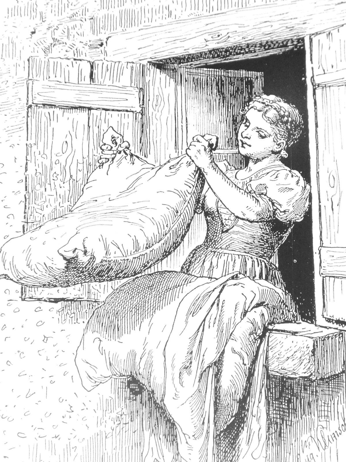 The industrious stepdaughter from the fairy tale "Mother Holle." Illustration by Hermann Vogel. (Public Domain)