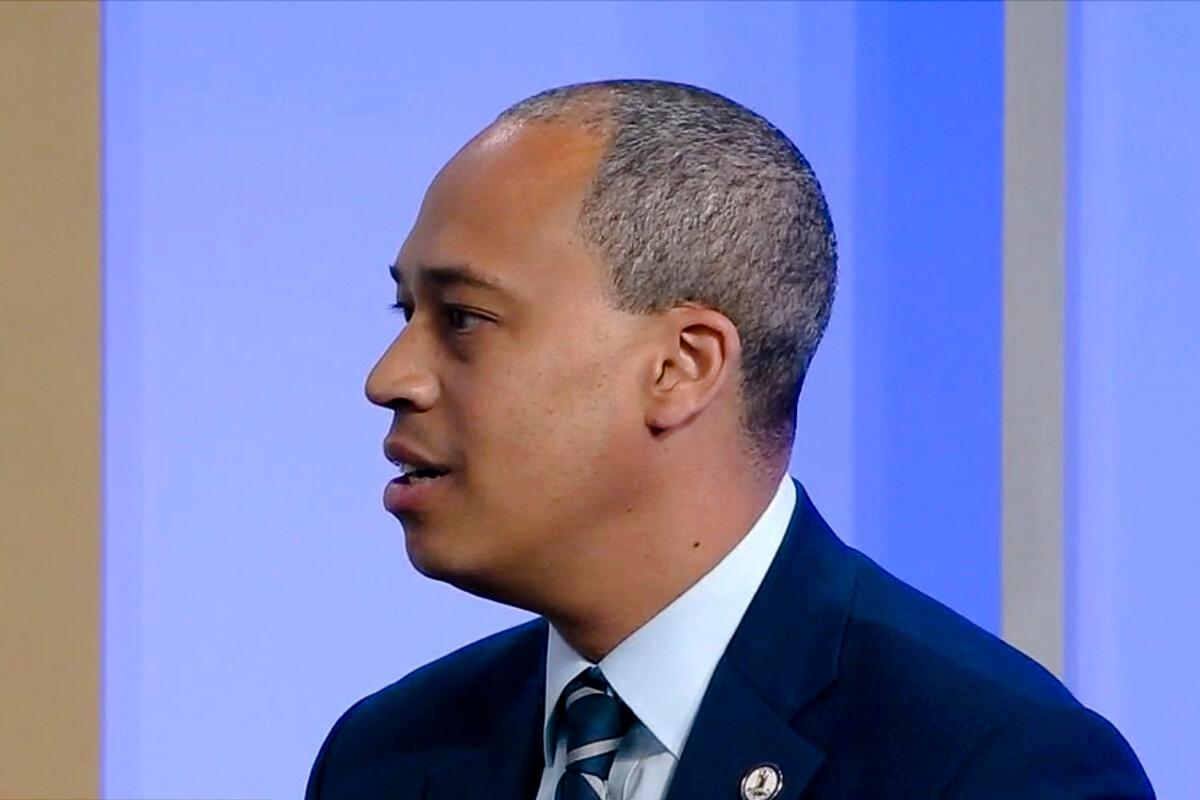 In a screenshot taken from video, Democratic candidate for attorney general Jay Jones speaks with an interviewer about widely condemned text messages he sent in 2022, in Richmond, Va., on Oct. 4, 2025. (WRIC via AP)