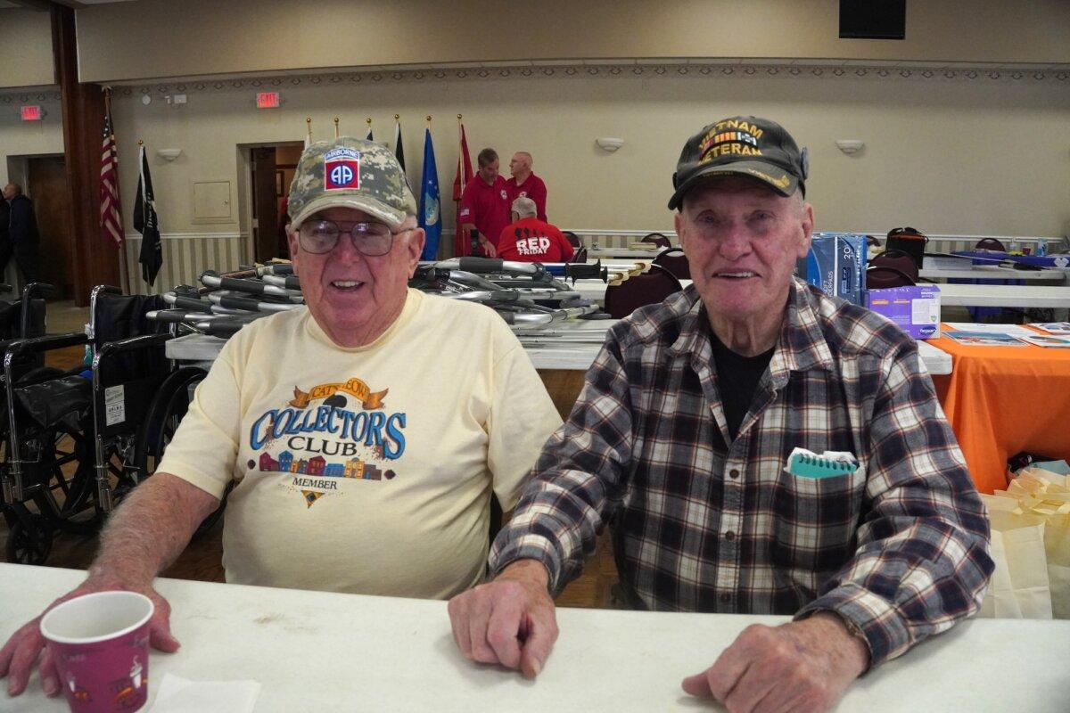 Veterans Ken Space (L) and John Healey (R) at the Veteran Stand Down at the Middletown Elks Lodge in Middletown, N.Y., on Oct. 4, 2025. (Oliver Mantyk/The Epoch Times)