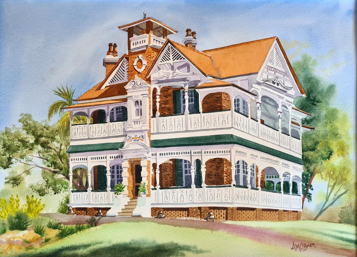 A photo of a watercolour painting of the heritage listed Lamb House in Kangaroo Point in Brisbane, Australia. (Courtesy of Anne Maree O'Brien)