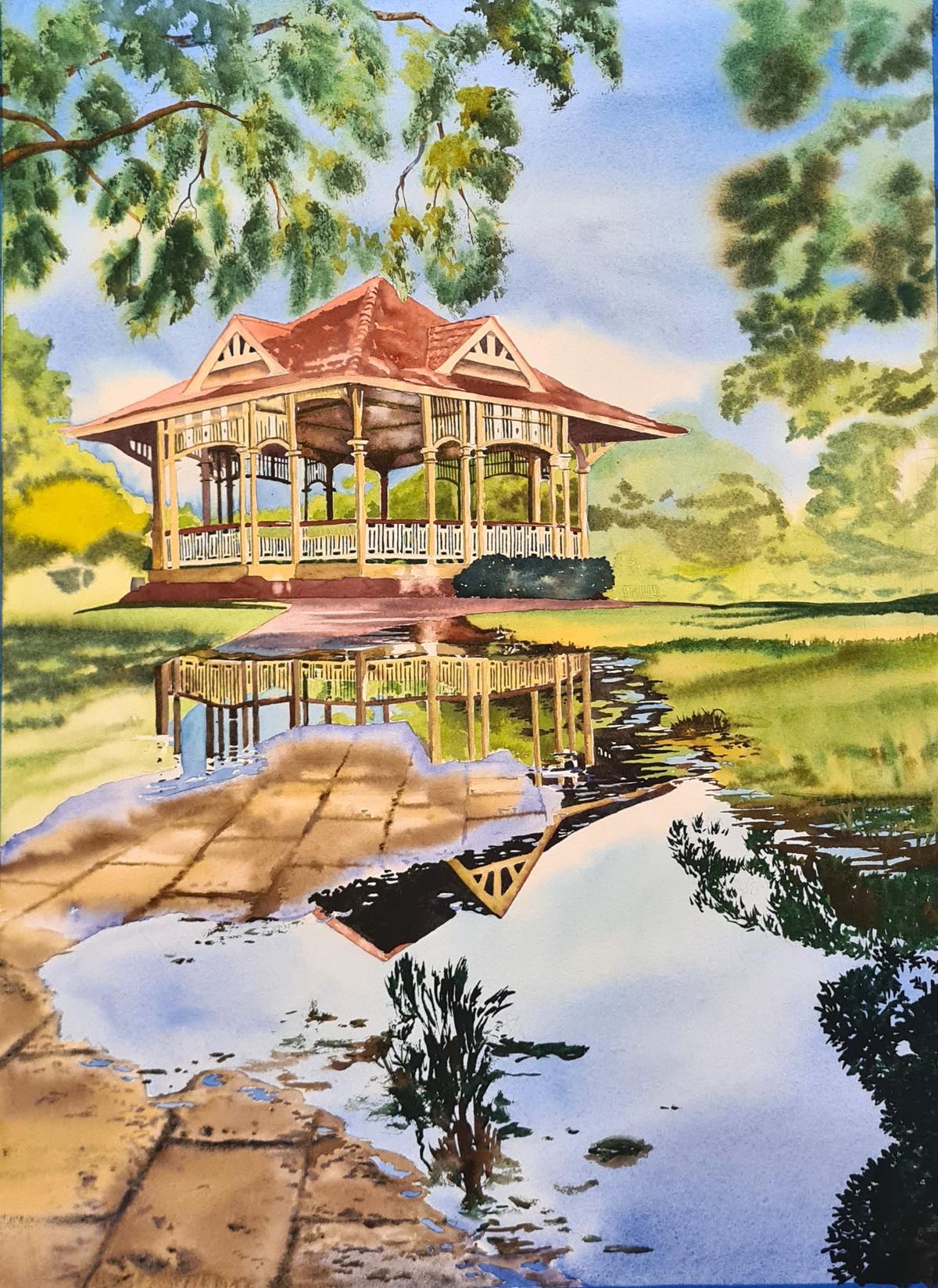 A photo of a watercolour painting of the rotunda at New Farm Park in Brisbane, Australia. (Courtesy of Anne Maree O'Brien)