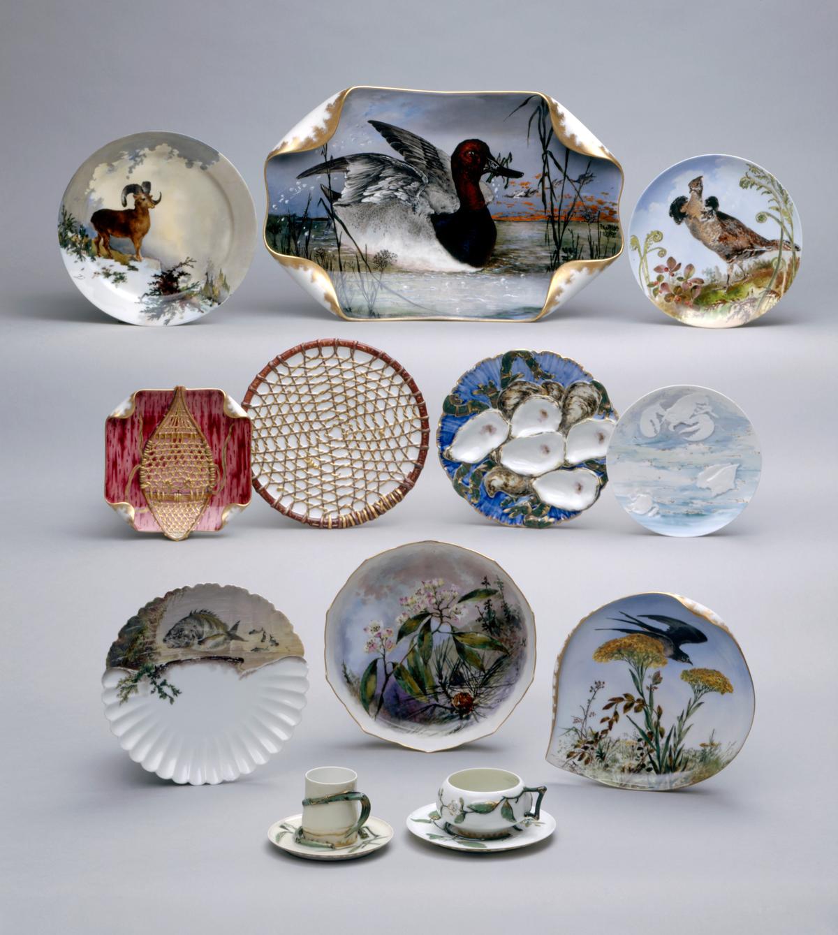 Part of Hayes's dinner service, 1879, by Haviland and Co. of New York City and Limoges, France with designs conceived by American artist Theodore Russell Davis. (White House Historical Association)