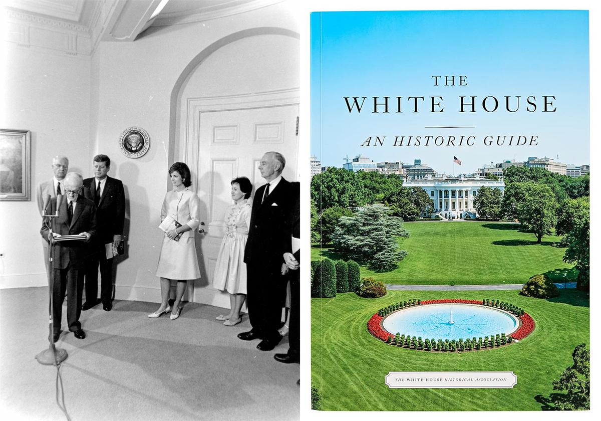 Presentation of "The White House: An Historic Guide" to President John F. Kennedy, First Lady Jacqueline Kennedy, and White House Curator Lorraine Waxman Pearce by members of the National Geographic Society (NGS) and the White House Historical Association (WHHA), on June 28, 1962. (White House Historical Association)