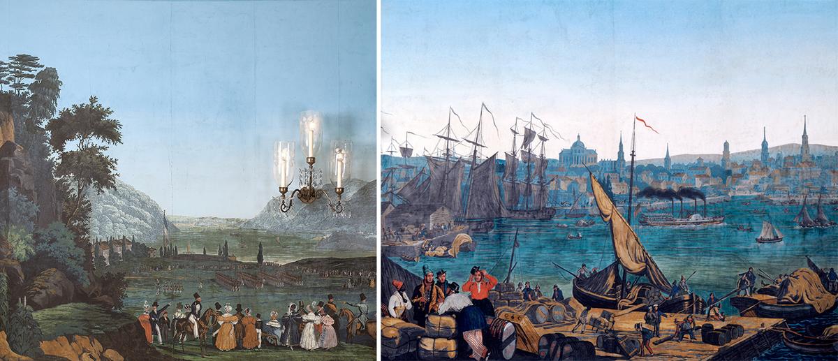 A detail of the woodblock printed wallpaper with scenes of Boston, Niagara Falls, West Point, the Natural Bridge of Virginia, and New York Harbor. (White House Historical Association/White House Collection)
