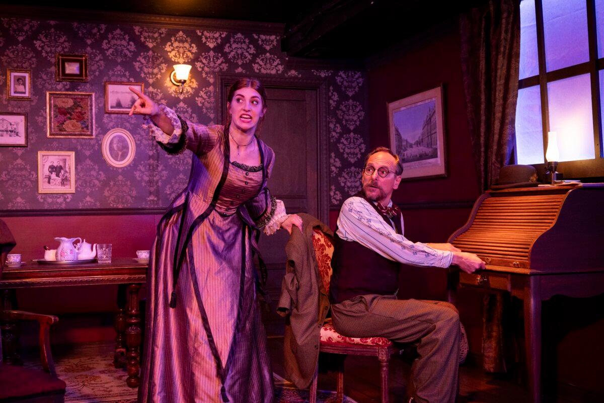 Mrs. Manningham (Megan Kueter) and Detective Rough (James Sparling), in “Gaslight (Angel Street).” (Gosia Matuszewska)