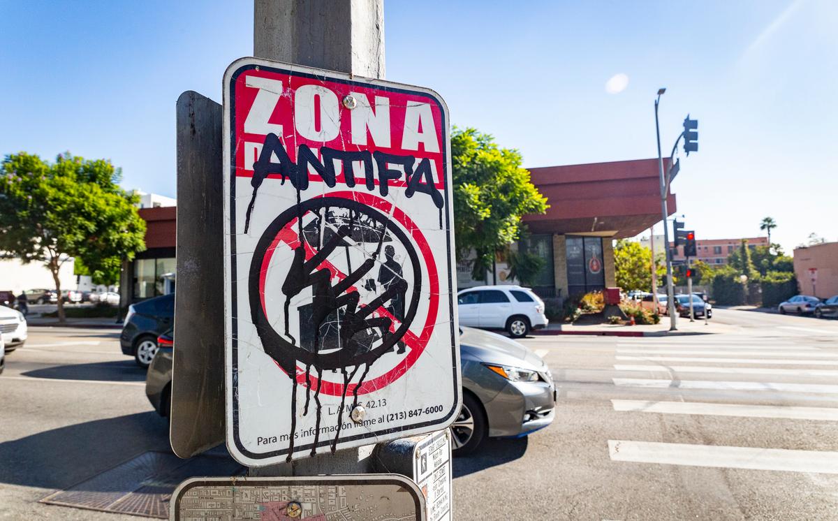 An ANTIFA tagging in Los Angeles, Calif., on Oct. 21, 2021. (John Fredricks/The Epoch Times)
