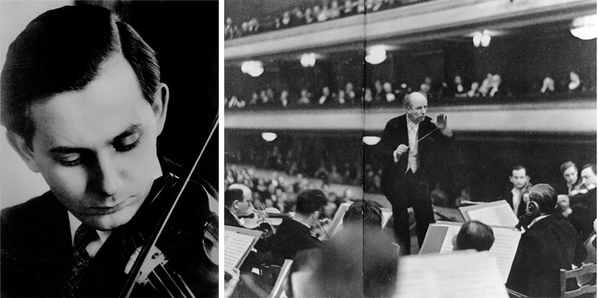 (L) Szymon Goldberg at age 20 as concertmaster of the Berlin Philharmonic, 1929. (R) Wilhelm Furtwangler conducting the Berlin Philharmonic in 1932. (Courtesy of Szymon Goldberg website)