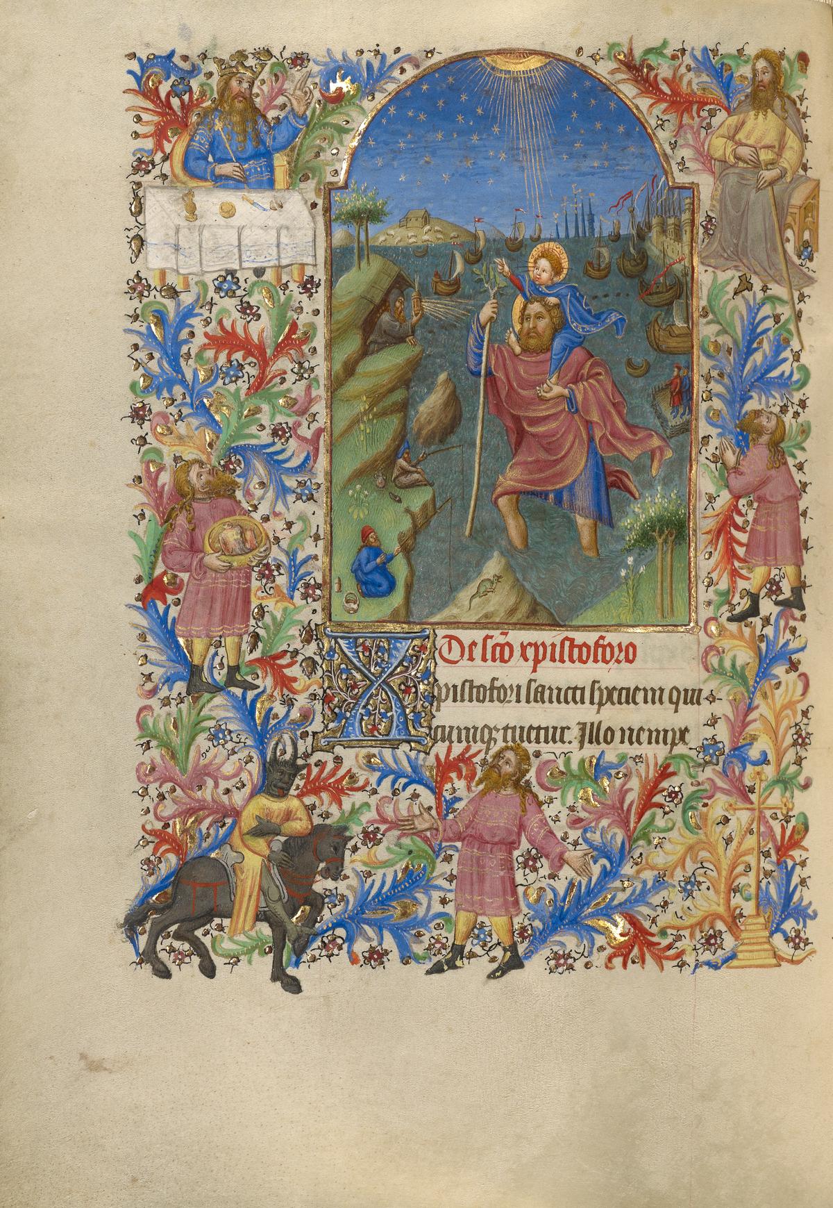 "Saint Christopher Carrying the Christ Child" from the Book of Hours, circa 1420, by Spitz Master.<br/>Tempera colors, gold, and ink; 7 15/16 inches by 5 7/8 inches. Getty Center, Los Angeles (Getty Museum)