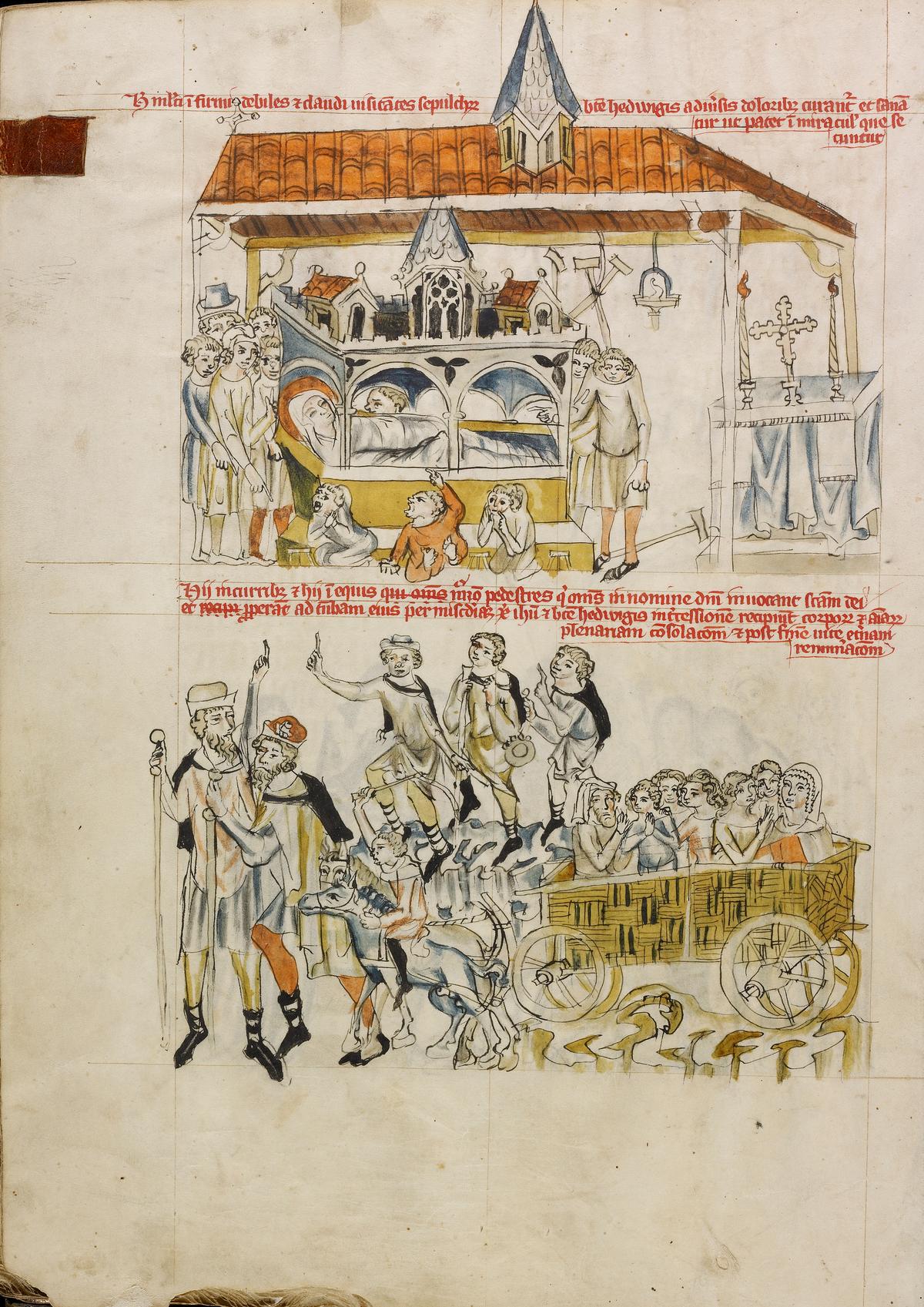 "The Sick, the Leprous, and the Lame Praying at Saint Hedwig's Tomb; People Coming to Visit Saint Hedwig's Tomb," 1353, from Silesia, Poland. Tempera colors, colored washes, and ink; 13 7/16 inches by 9 3/4 inches. Getty Center, Los Angeles (Getty Museum)
