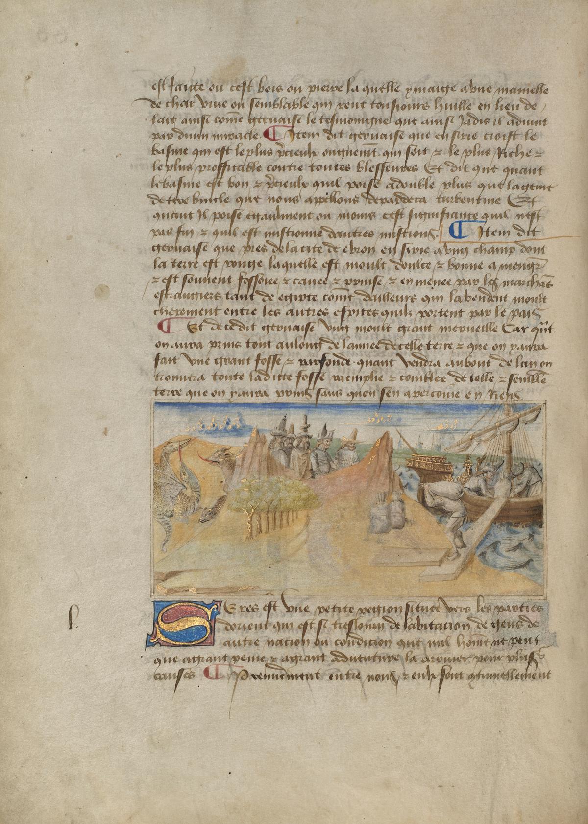 "China (Seres)," circa 1460–1465, by Master of the Geneva Boccaccio from the "Book of the Marvels of the World."<br/>Colored washes, gold, and ink; 5 1/2 inches by 3 1/8 inches. Getty Center, Los Angeles (Getty Museum)