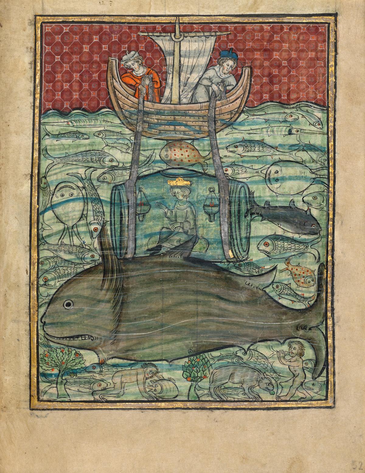 "Alexander the Great Under Water," from "Romance of Alexander," circa 1290–1300, from France or Belgium. Tempera colors, gold and silver, and ink on parchment. Getty Center, Los Angeles (Getty Museum)