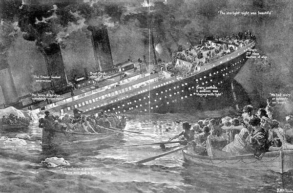 An illustration of the sinking of the Titanic, 1912. National Maritime Museum. (Public Domain)