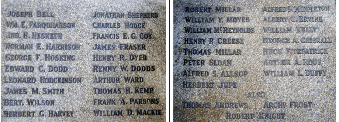 List of engineer officers who died in the RMS Titanic disaster on April 15, 1912. (<a href="https://commons.wikimedia.org/wiki/User:Marek69">Marek.69</a>/<a href="https://en.wikipedia.org/wiki/Titanic_Engineers%27_Memorial#/media/File:Statue_on_Titanic_Engineers'_Memorial,_Southampton.jpg">CC BY-SA 3.0</a>)