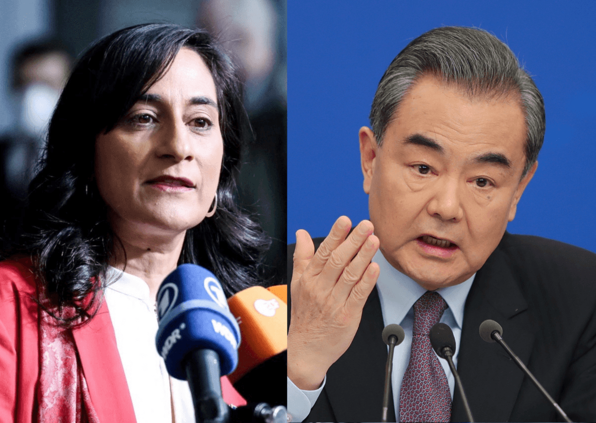 (Left) Canada’s Foreign Affairs Minister Anita Anand gives a press conference in Brussels on Feb. 16, 2022. (Kenzo Tribouillard/AFP via Getty Images); China's foreign minister Wang Yi at a press conference in Beijing on March 8, 2019. (Lintao Zhang/Getty Images)
