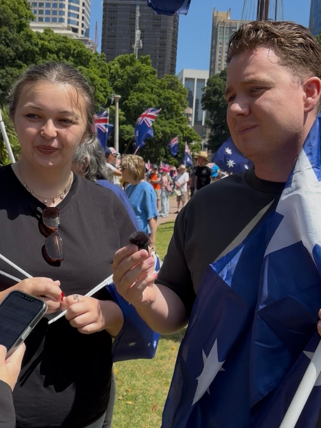 Blake and Emily, participants of March for Australia, spoke to The Epoch Times in Hyde Park, Sydney on Oct. 19, 2025. (Hailey Do/The Epoch Times)