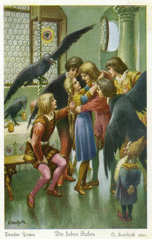 Illustration from “The Seven Ravens,” 1934, by Oscar Herrforth. "Suddenly their sister stepped forward and embraced the ravens, who now became humans again."  (Public Domain)