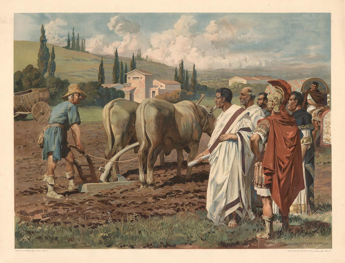 "Cincinnatus behind the plow" by Anton Hoffmann, 1920. (Public domain)