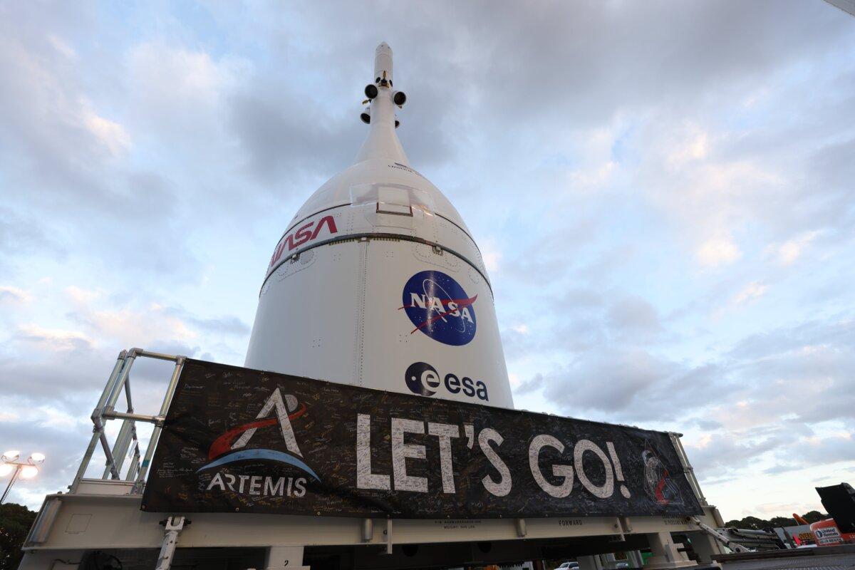 Artemis II’s Orion crew capsule Integrity and service module is moved to be stacked on top of the Space Launch System, at the vehicle assembly building at the Kennedy Space Center in Florida on Oct. 17. (Acting NASA Administrator Sean Duffy).