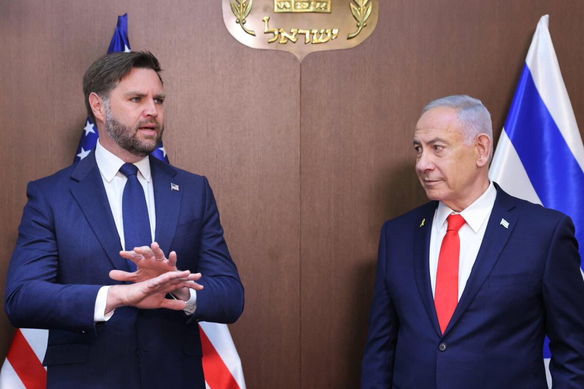 U.S. Vice President JD Vance (L) meets with Israeli Prime Minister Benjamin Netanyahu at the Prime Minister's Office in Jerusalem, on Oct. 22, 2025. (Marc Israel Sellem/Jerusalem Post via AP)