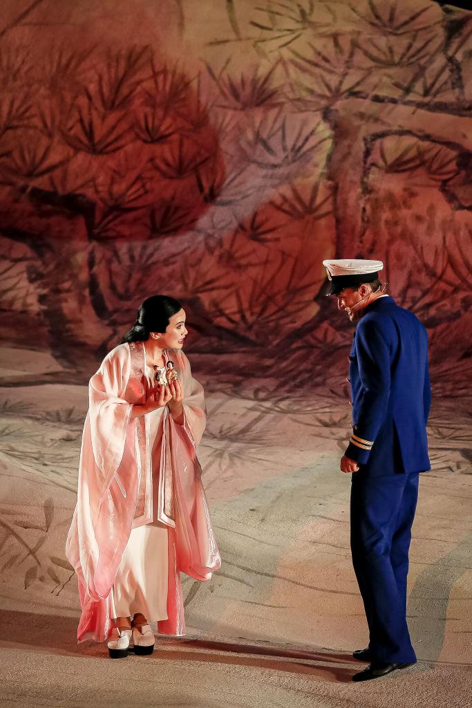Butterfly (Barno Ismatullaeva) and Lt. B.F. Pinkerton (Edgaras Montvidas) during the dress rehearsal for "Madame Butterfly" in Bregenz, Austria, on July 15, 2022. (Leonhard Simon/Getty Images)
