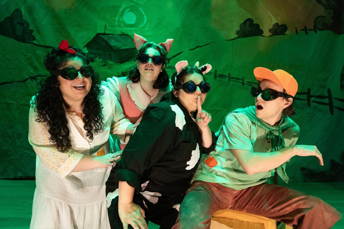 (L–R) Hen (Laura Quinones), Pig (Felicia Niebel), Cow (Nikki Prodes), and Duck (Tyler Meyer) are up to something that they hope will get Farmer Brown interested in celebrating Halloween, in "Click, Clack, Boo! A Tricky Treat." (Josh Bernaski)