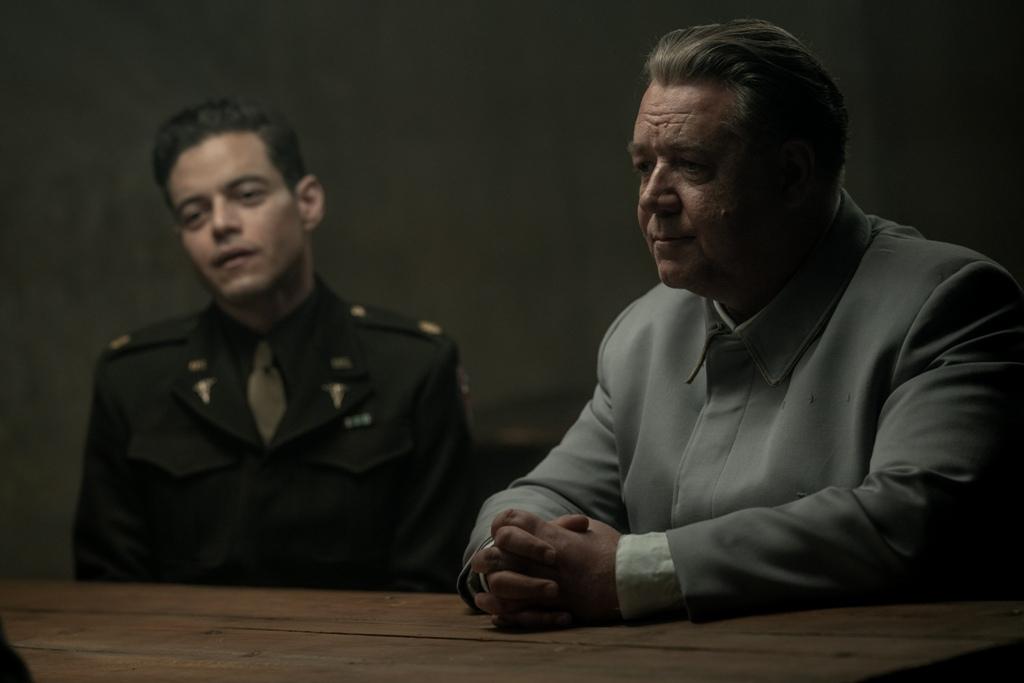 Lt. Col. Douglas Kelley (Rami Malek, L) and Hermann Göring (Russell Crowe), in "Nuremberg." (Scott Garfield/Sony Pictures Classics)