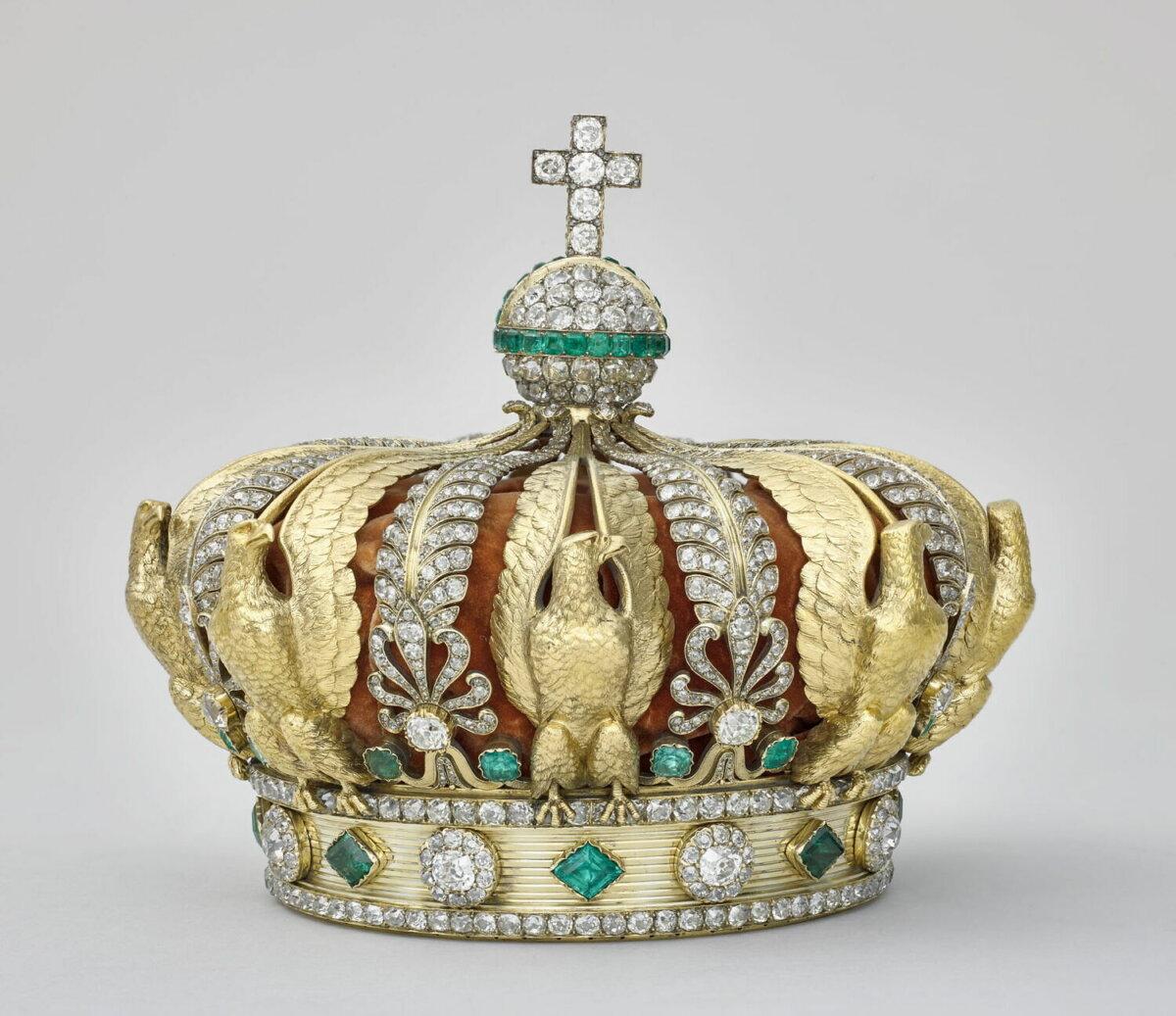 Crown of Empress Eugénie, 1855, by Alexandre-Gabriel Lemonnier. Gold, diamond, emerald, leather; 5 1/8 inches by 5 9/10 inches. (Stéphane Maréchalle/ Musée du Louvre)