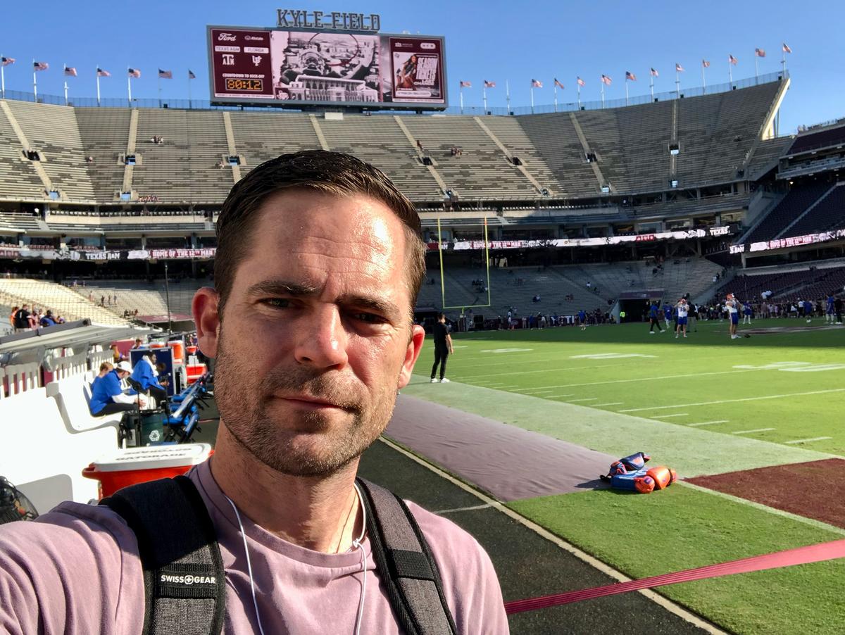 Author Dustin Bass on the field, before the start of the game. (Dustin Bass)